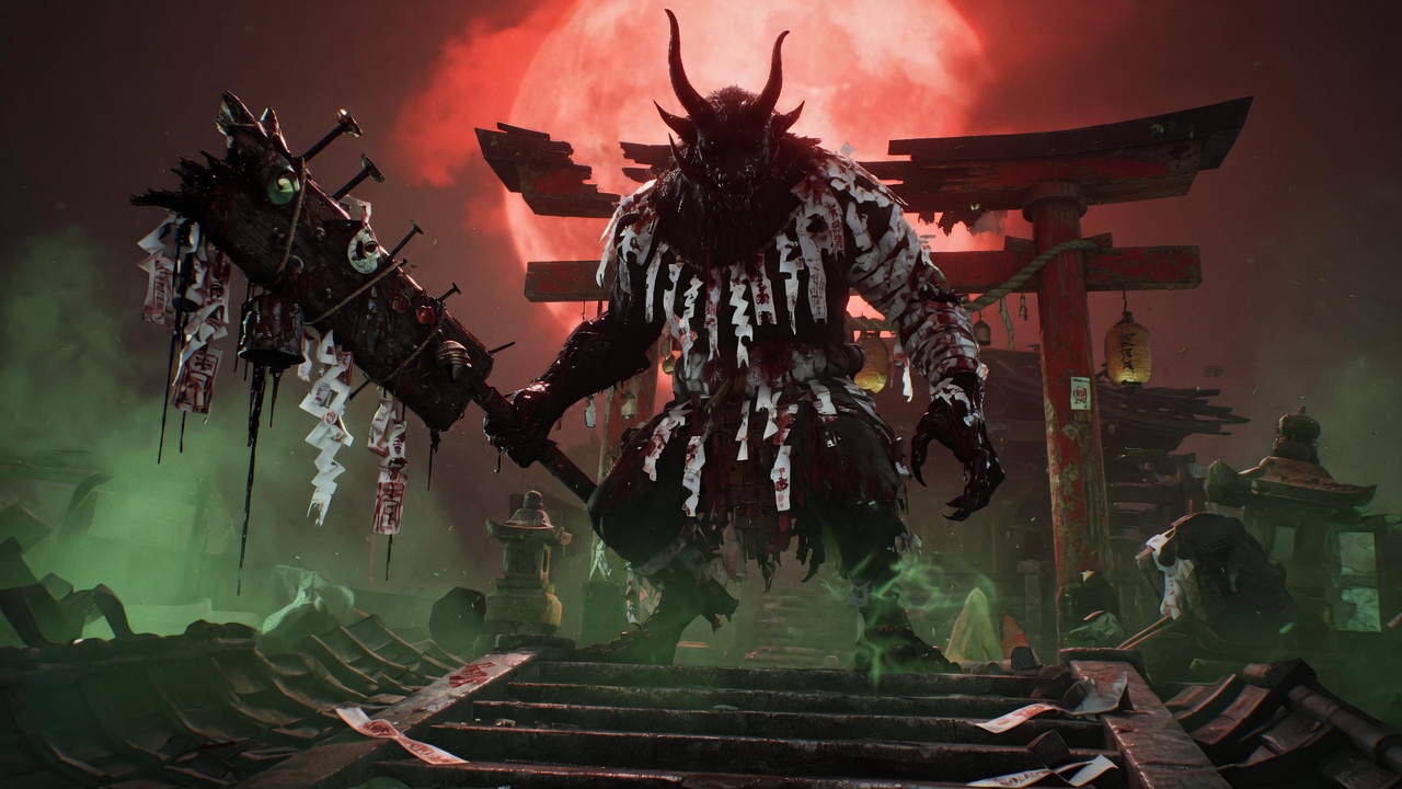 A towering ofuda-covered Genma under a blood moon