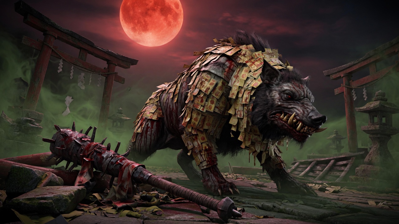 A crouching animalistic Genma clad in blood-stained ofuda charms