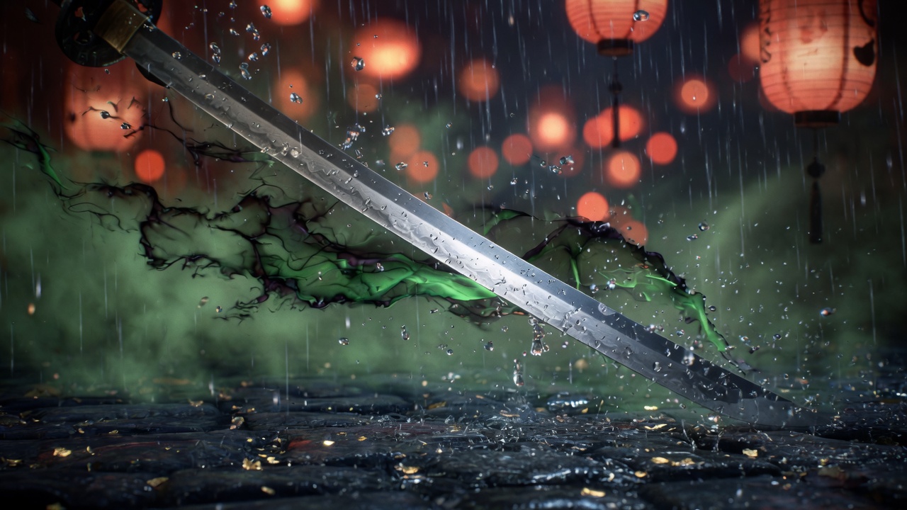 A rain-slick katana cutting through green malice fog