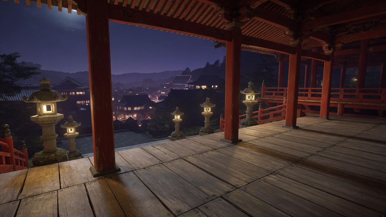 An empty wooden temple stage at night