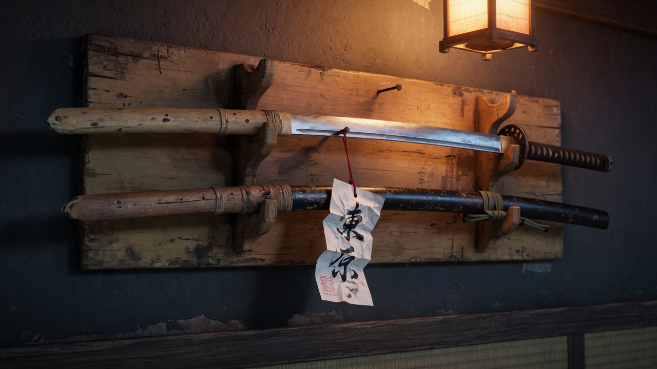 A wooden practice sword beside a live katana on a dojo rack