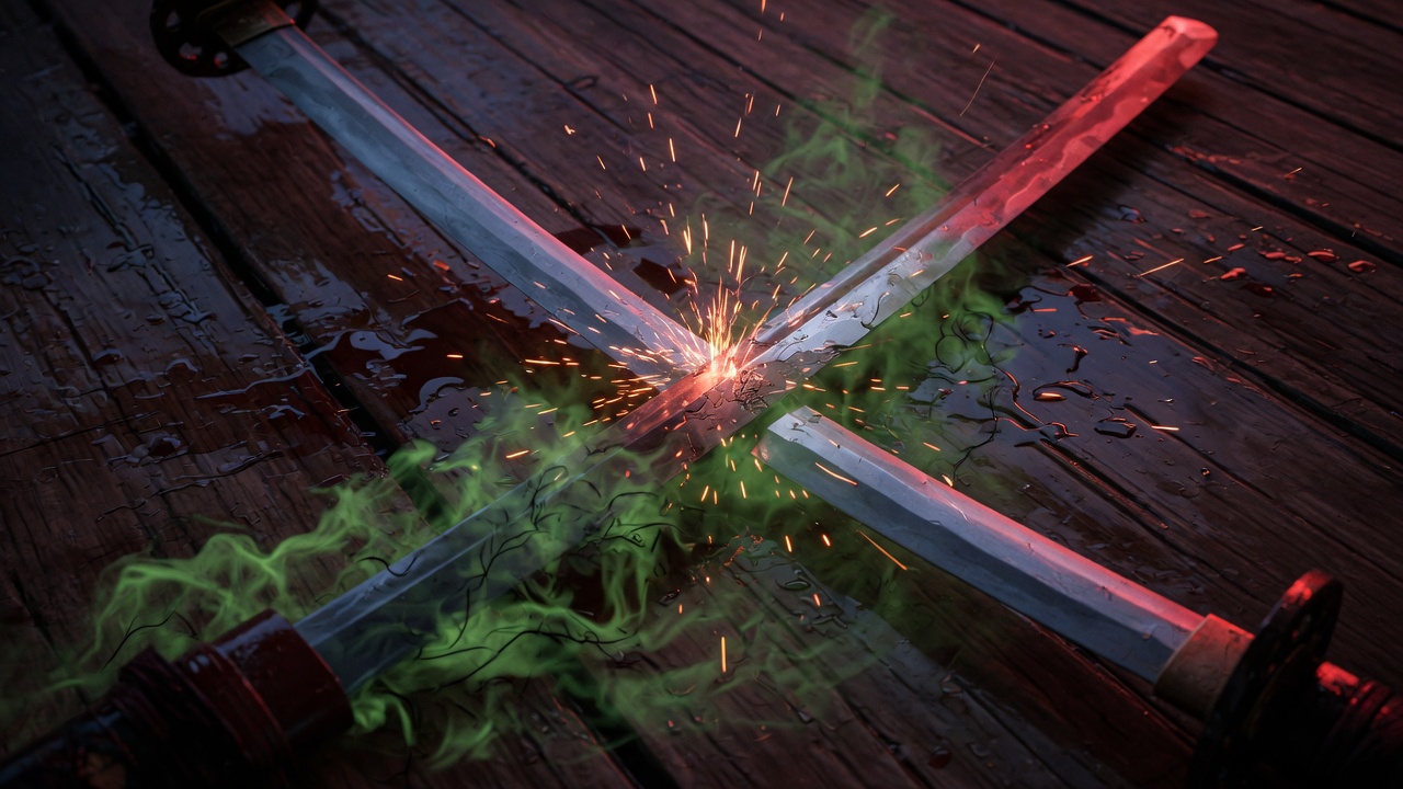 Two katana blades locked in a bind over wet temple boards