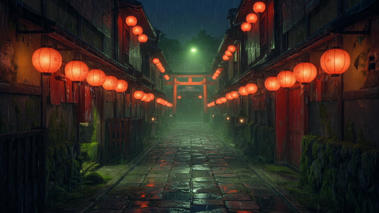A long lantern-lit Kyoto alley receding into fog