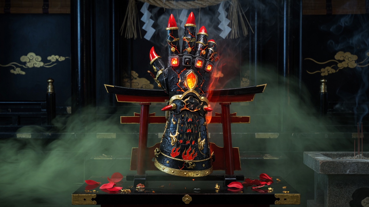 A black-and-gold Oni gauntlet leaking inner fire on a shrine stand