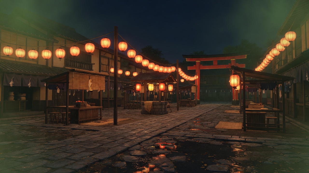 An empty night market plaza in Edo Kyoto, an open town rather than a fog gate
